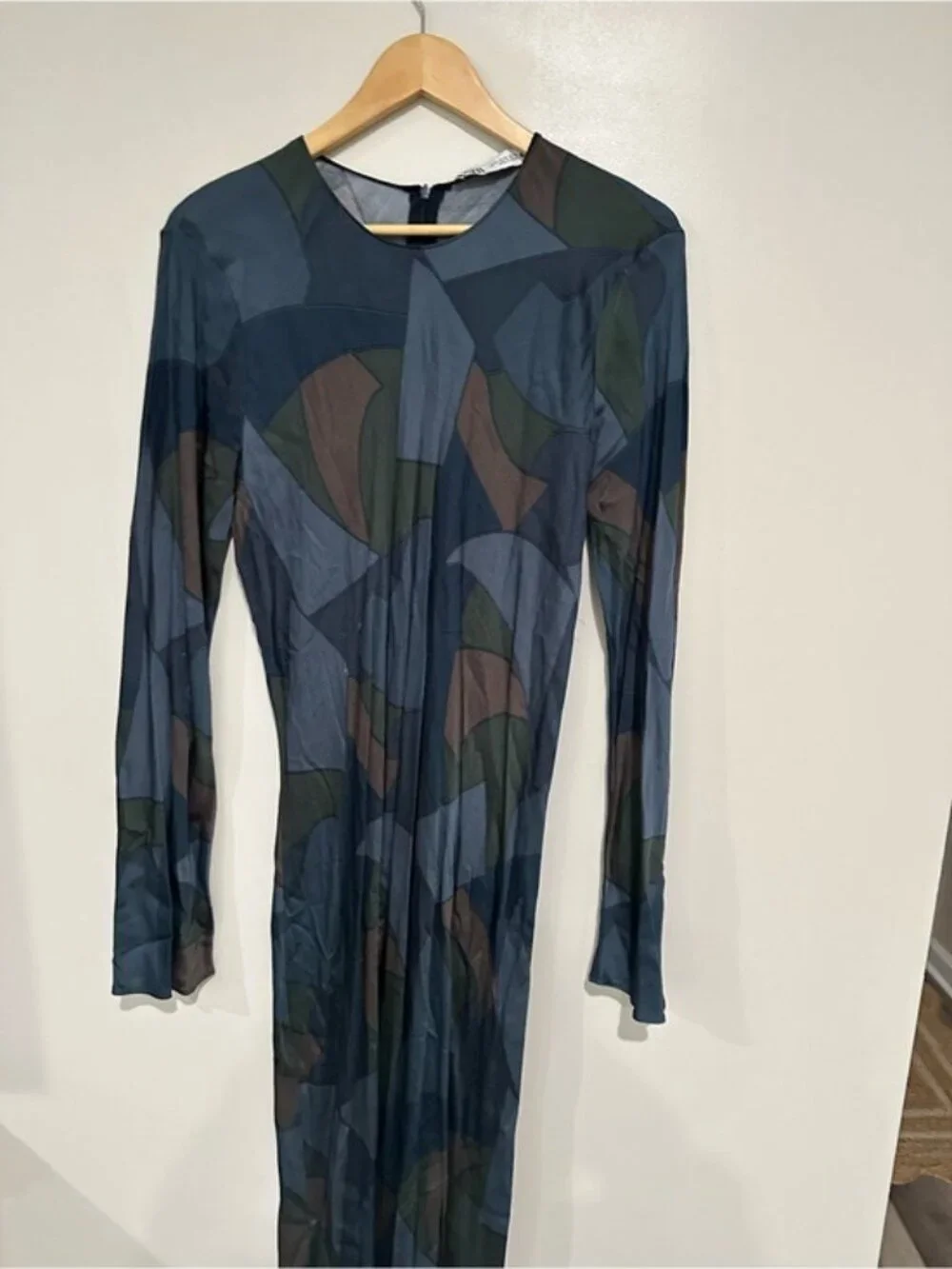 Zara Blue Green Abstract Print Maxi Dress XL Long Sleeve Viscose Art Deco - Picture 5 of 10